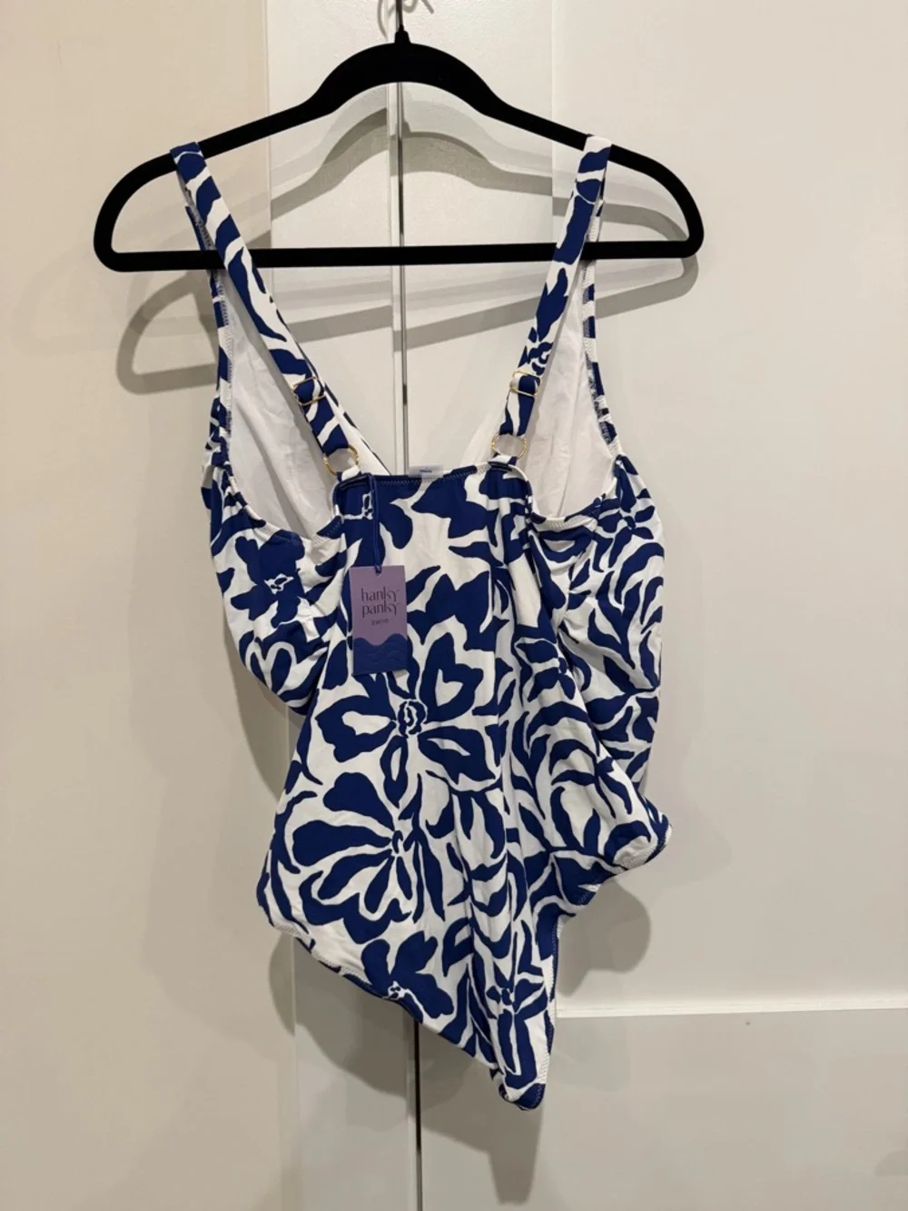 Hanky Panky Wide Strap Wrap One Piece Swimsuit in Blue & White Poolside Sz L NWT